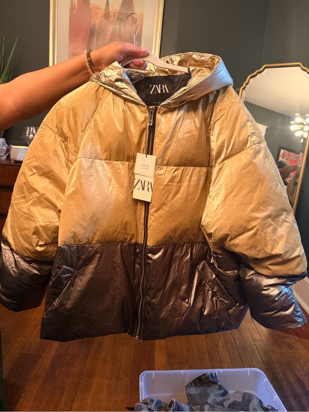 Zara Metallic Two-Tone Puffer Jacket in Gold and Bronze